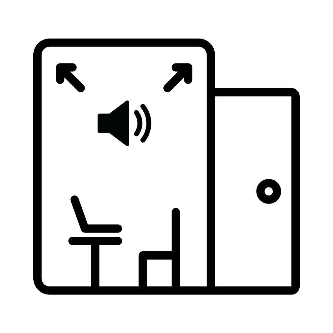 A black and white icon of a room with a chair , door and speaker.