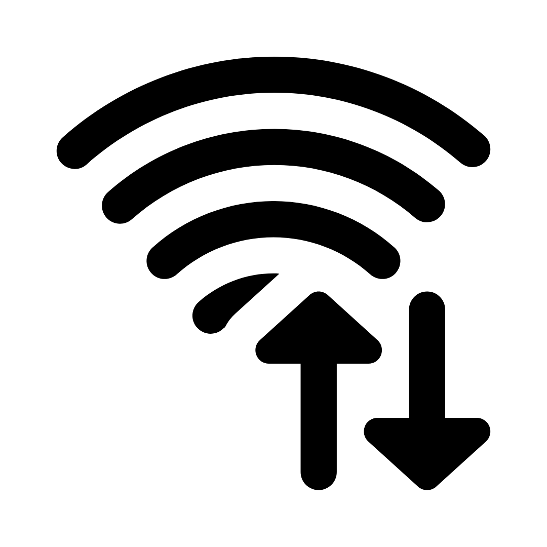 A black and white icon of a wifi signal with two arrows pointing up and down.