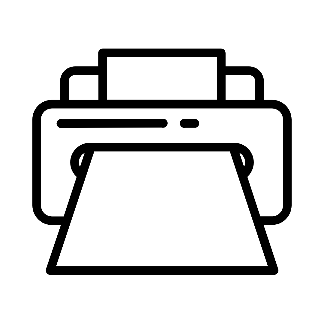 A black and white icon of a printer with a piece of paper coming out of it.