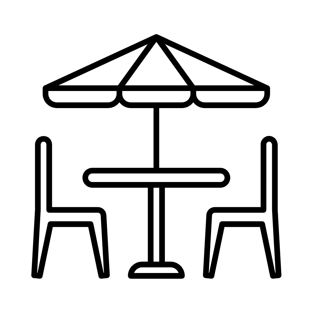 A line drawing of a table and chairs under an umbrella.