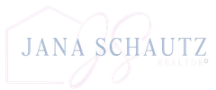 A logo for jana schautz real estate with a house in the background.