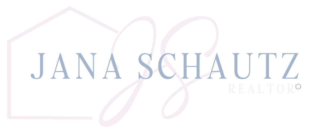A logo for jana schautz real estate with a house in the background.