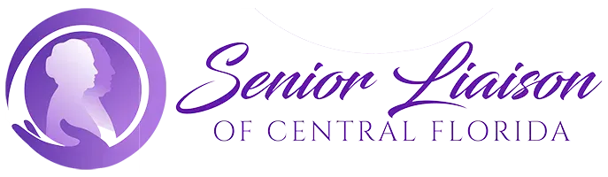 A purple logo for senior liaison of central florida with a silhouette of a woman in a circle.