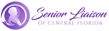 A purple logo for senior liaison of central florida with a silhouette of a woman in a circle.