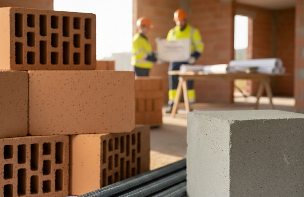 Cantiere con mattoni rossi accatastati, blocchi di cemento, barre di armatura e operai che esaminano i progetti.