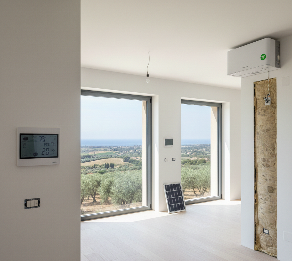 Interno con pareti bianche, finestre con vista sul paesaggio, aria condizionata, termostato e pannello solare.