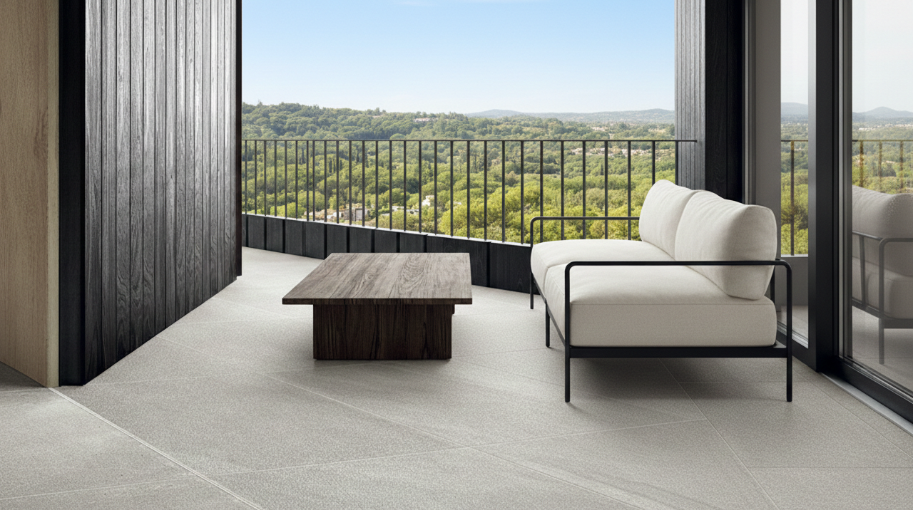 Balcone con divano bianco, tavolo in legno e ringhiera nera che si affaccia su una valle verde.