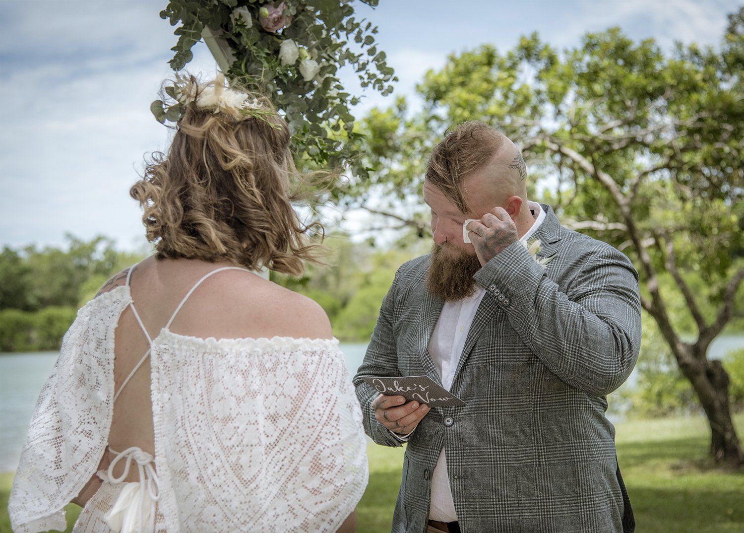 Groom Wiping Tears, Reading Vows at Outdoor Wedding — Up Here Photography in Rosebery, NT