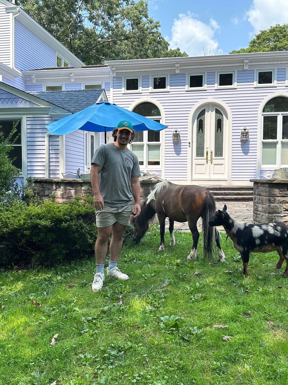 A person stands in a grassy yard next to a pony and a goat in front of a blue and white house with a blue umbrella.