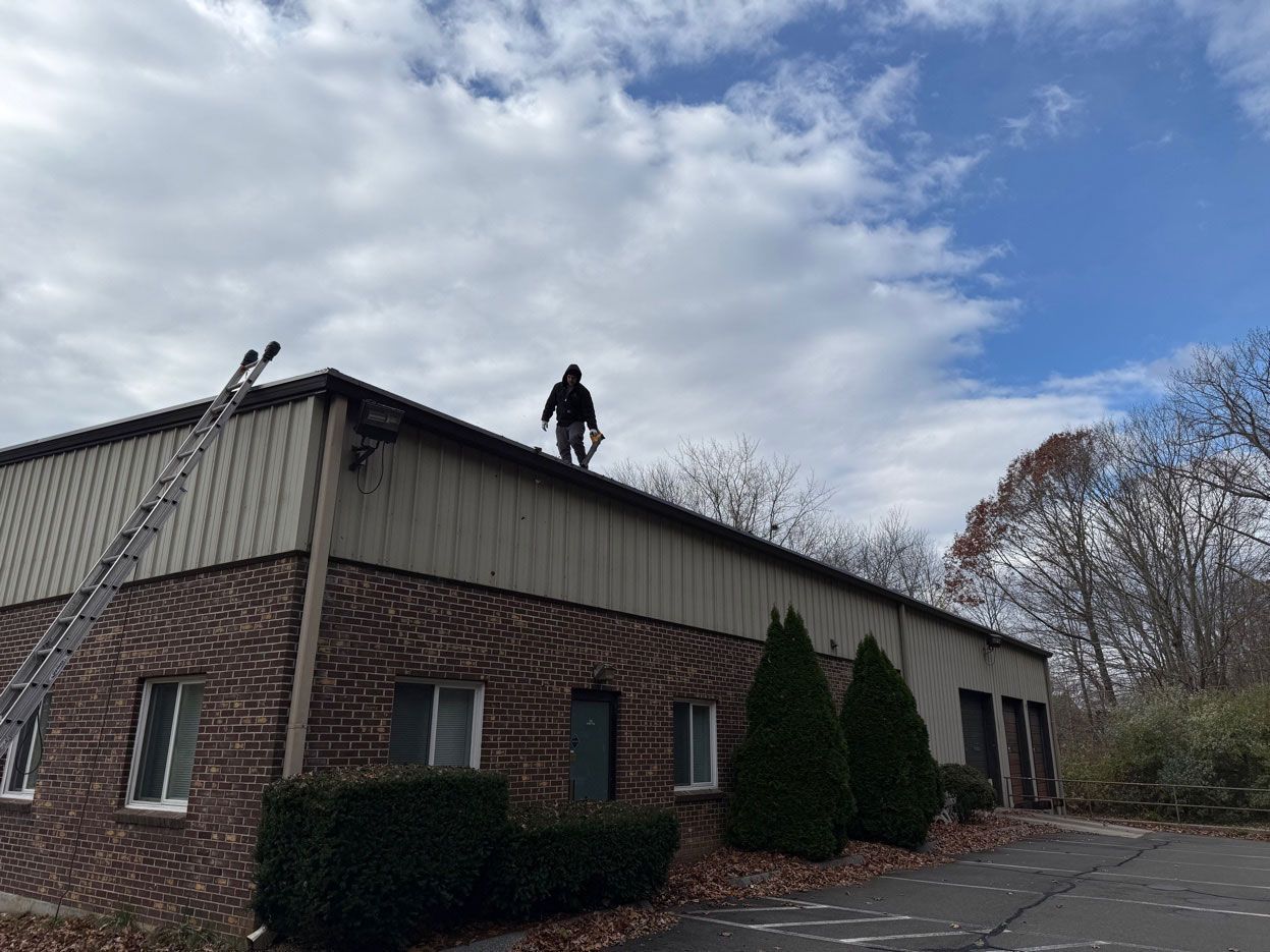 A person in dark clothing stands on the edge of a brick and metal-sided building roof next to a leaning metal ladder.