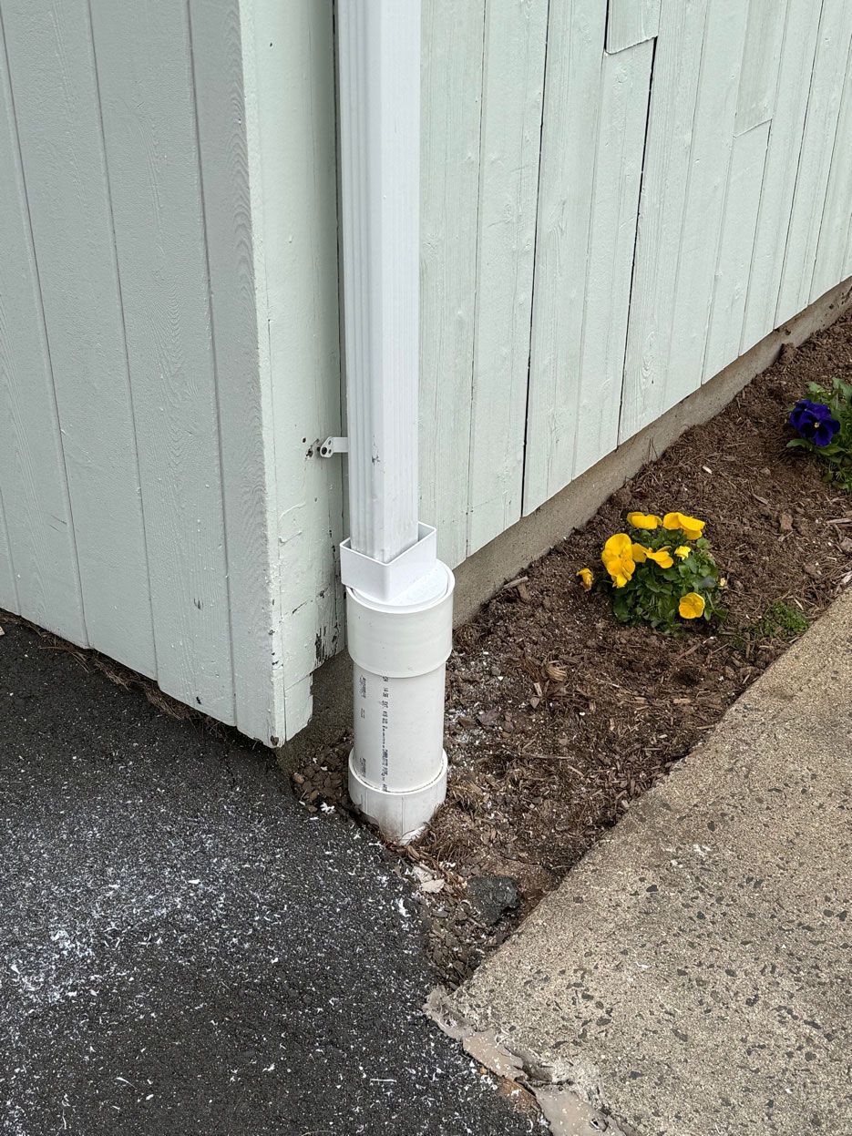 A white downspout transitions into a vertical PVC pipe at the corner of a building, next to mulch with small flowers.