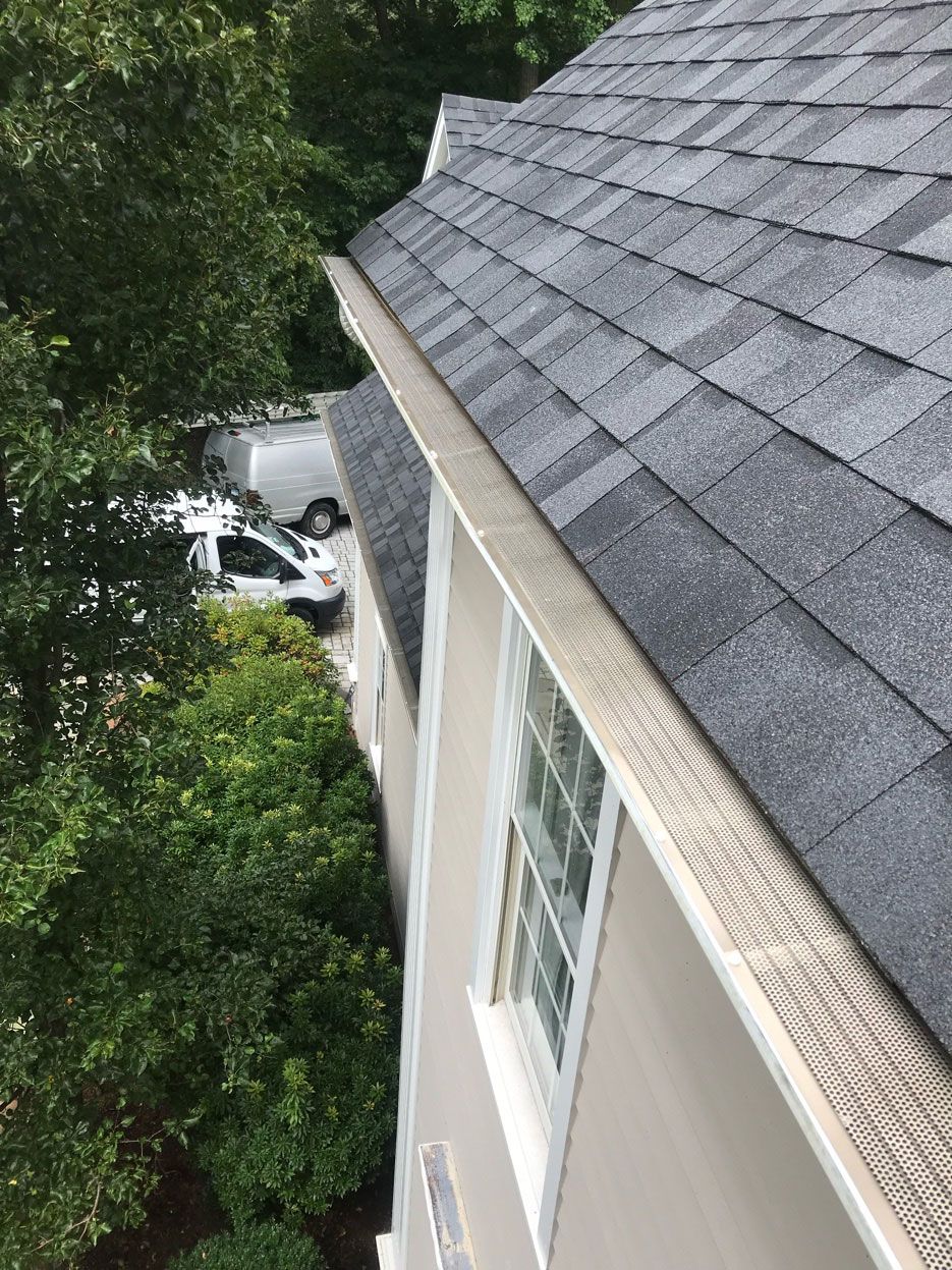 An angled, overhead view of a gray shingled roof with a mesh gutter guard, overlooking a house wall and leafy trees.