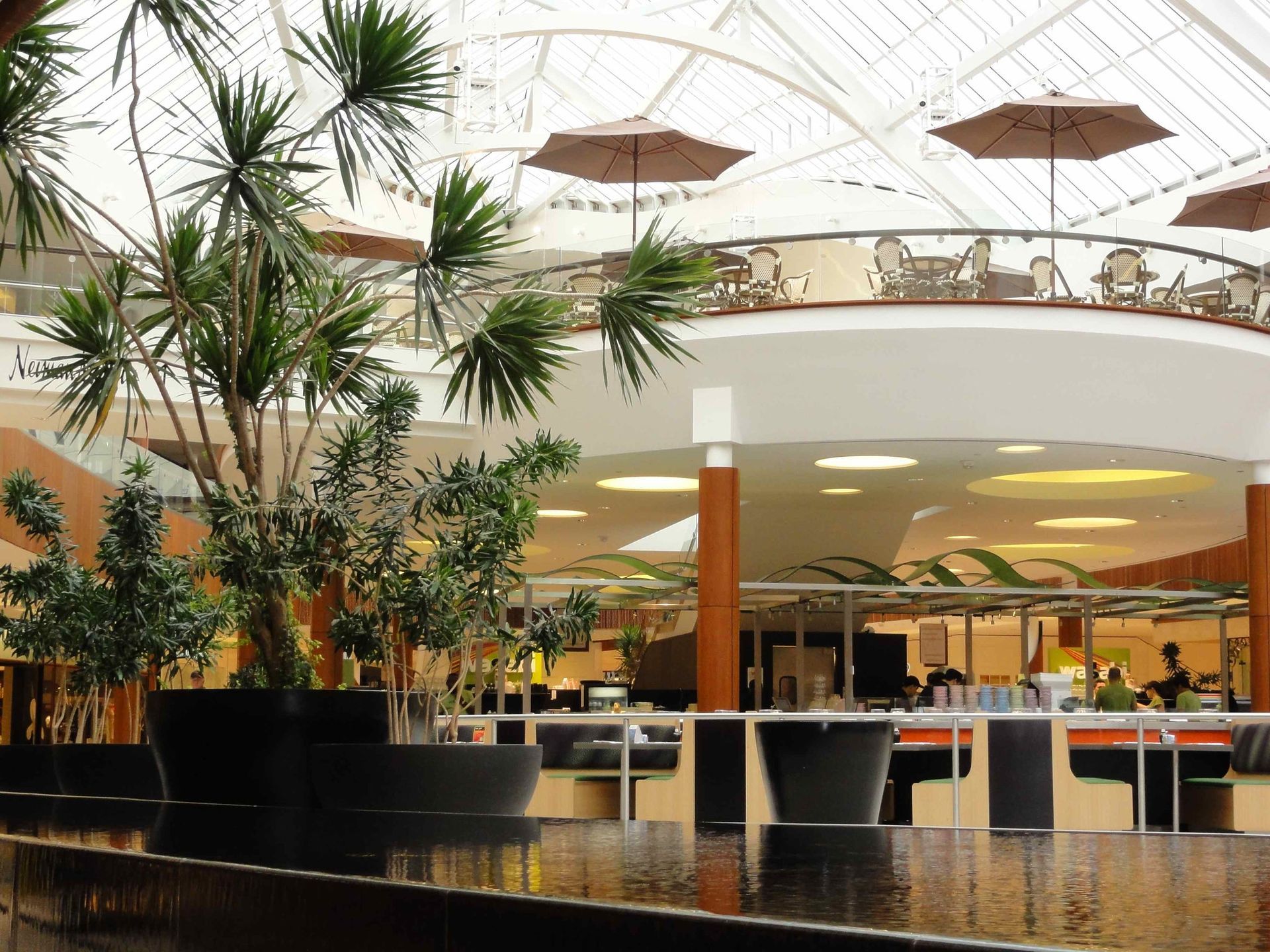 Bright indoor mall atrium with potted trees, skylights, and café seating below a balcony