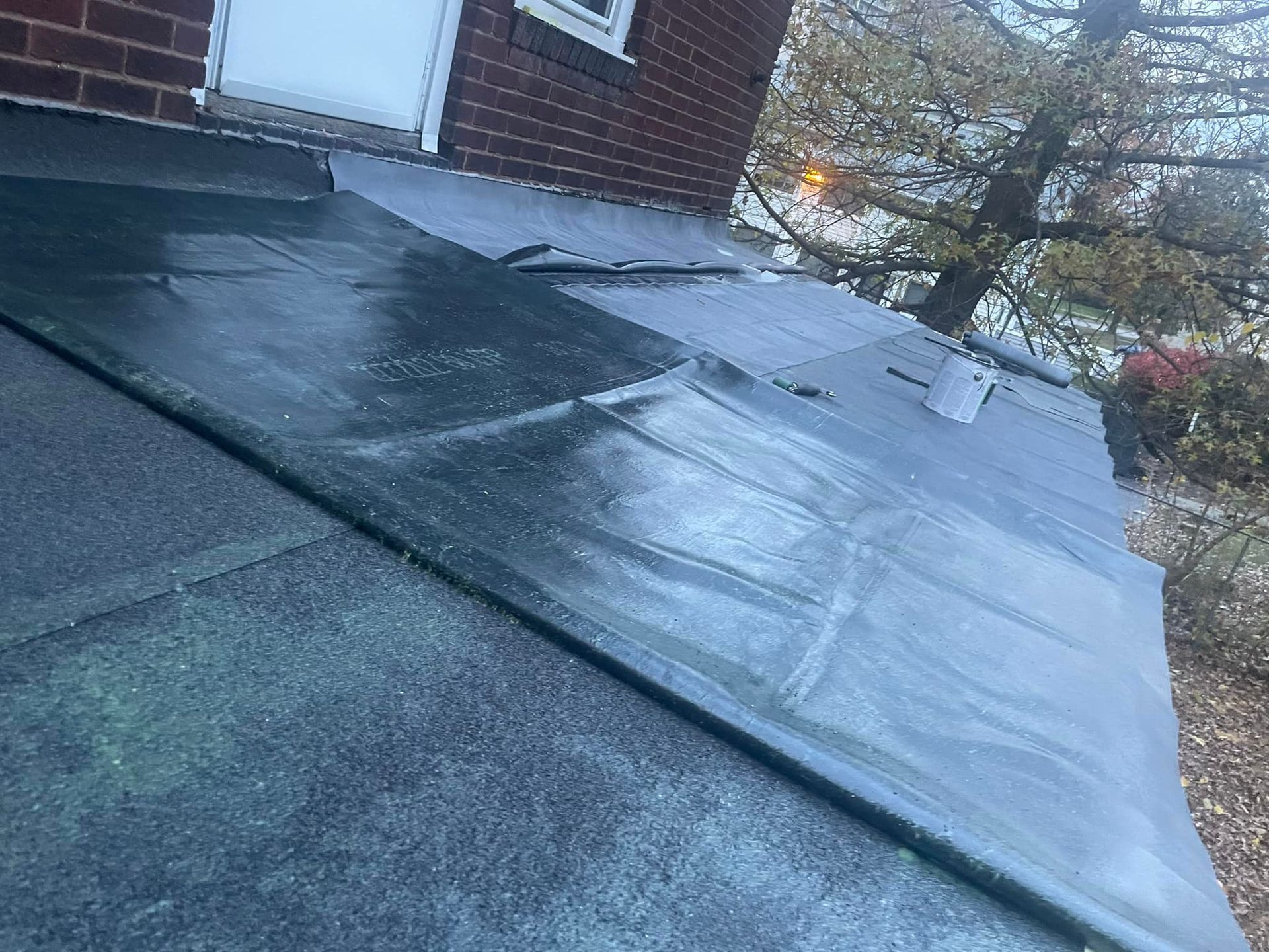 Wet, dark green asphalt shingle roof on a house, angled view, close-up with brick wall and tree visible.