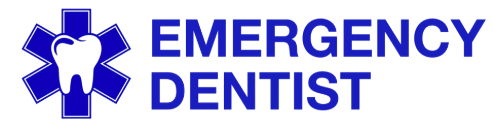Blue emergency medical symbol with a tooth, and text 