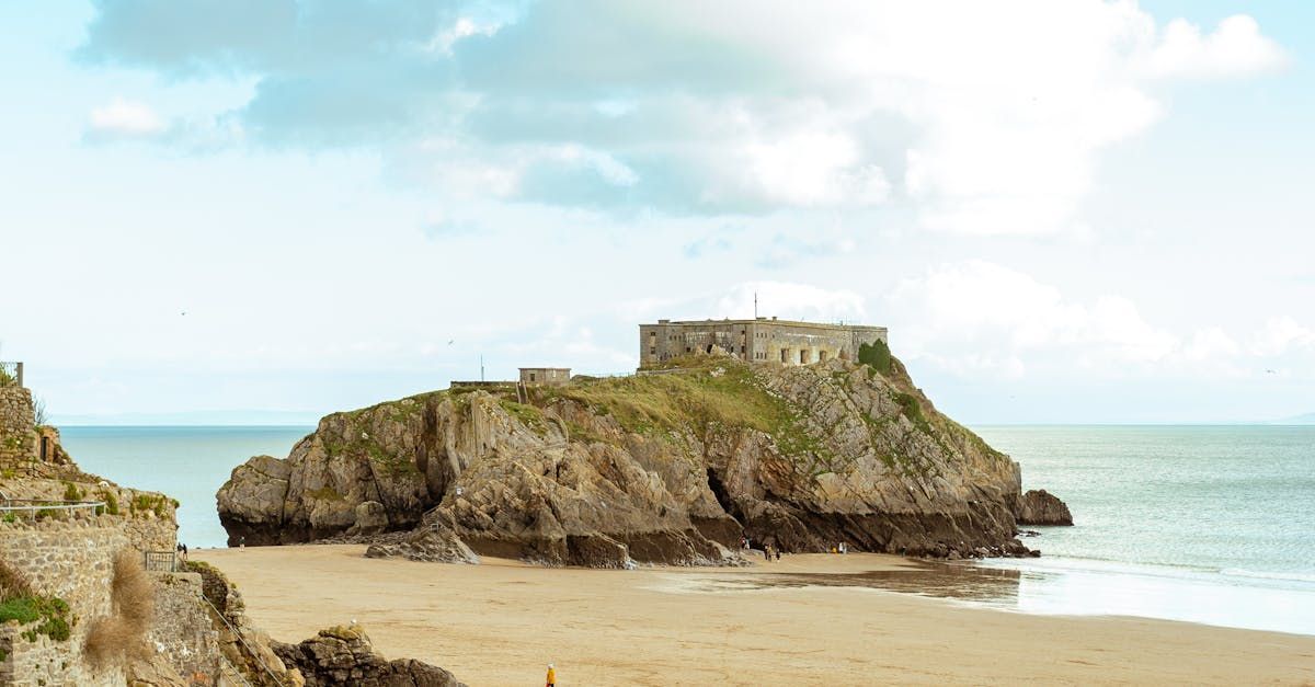 A small island in the middle of the ocean with a castle on top of it.