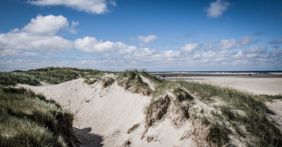 A sand dune on a beach with a blue sky and clouds in the background.