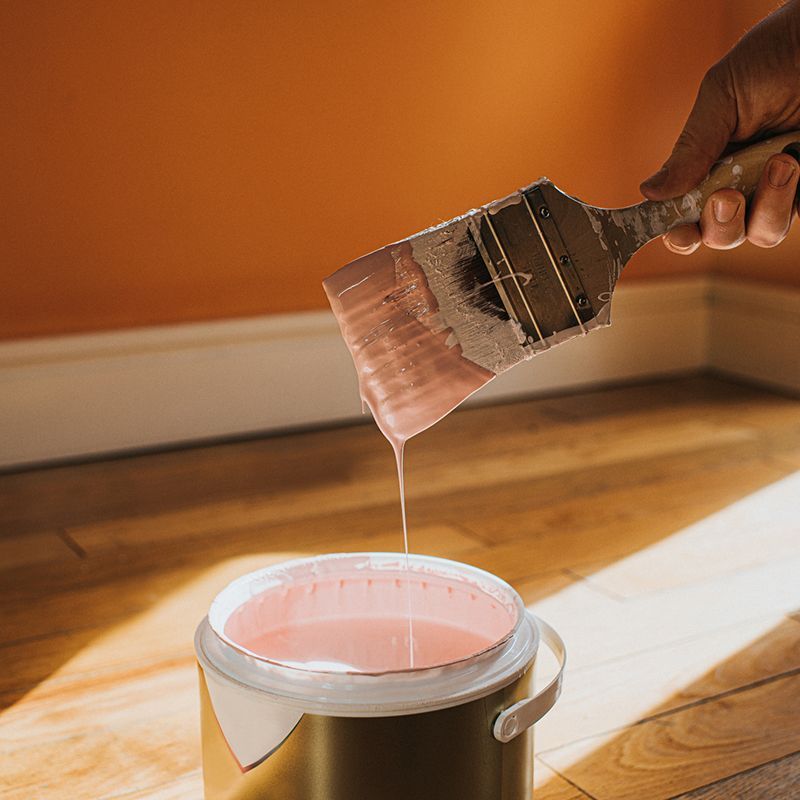 Hand holding a paint brush, dripping pink paint into a paint can. Wooden floor, orange wall, white trim. Hand holding a paint brush, dripping pink paint into a paint can. Wooden floor, orange wall, white trim.