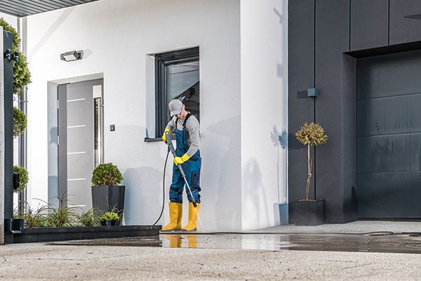 Person pressure washing the exterior of a white house with dark gray trim and a garage door.