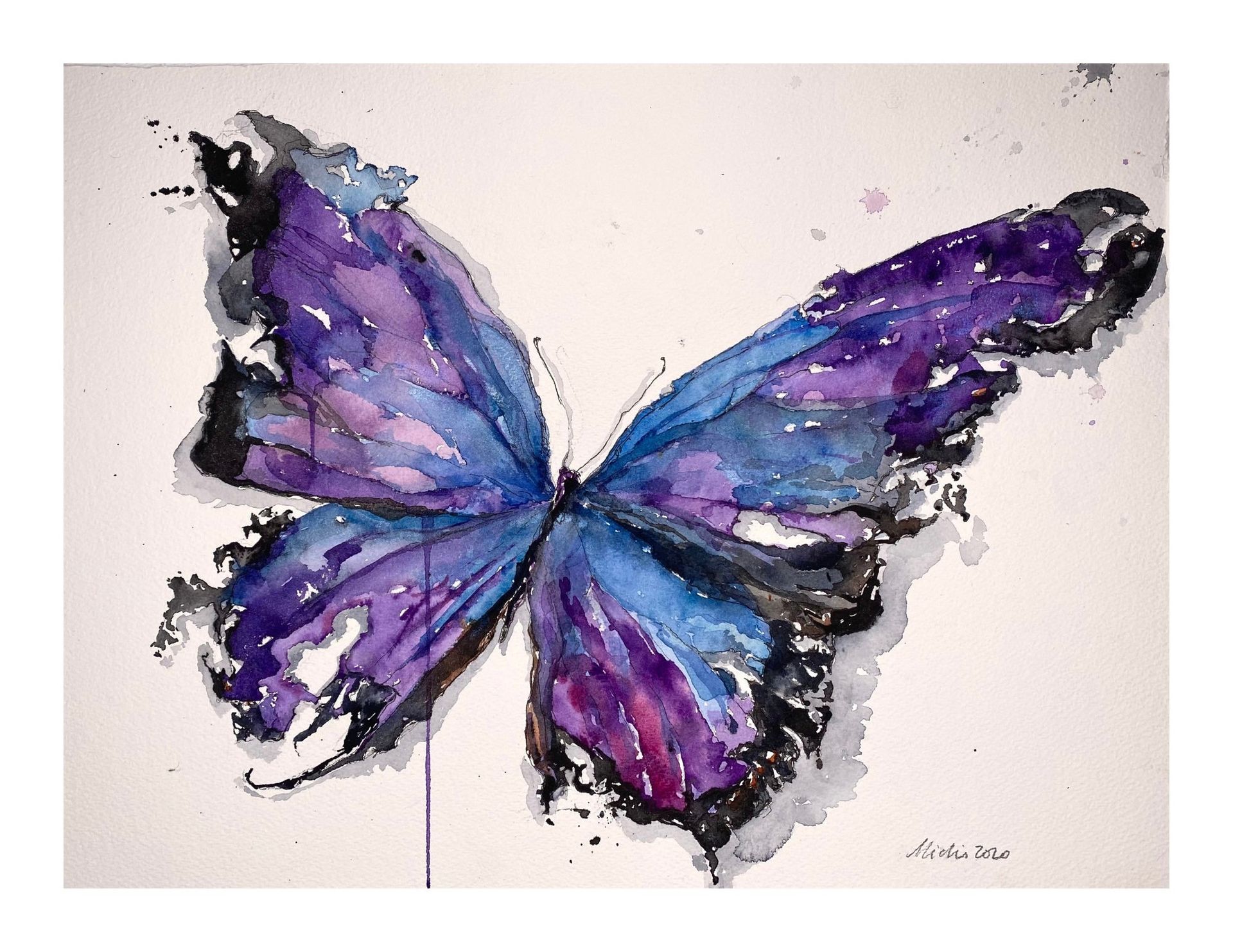 Watercolor painting of a butterfly with vibrant blue and purple wings. The edges are tattered, and it is set on a white background.