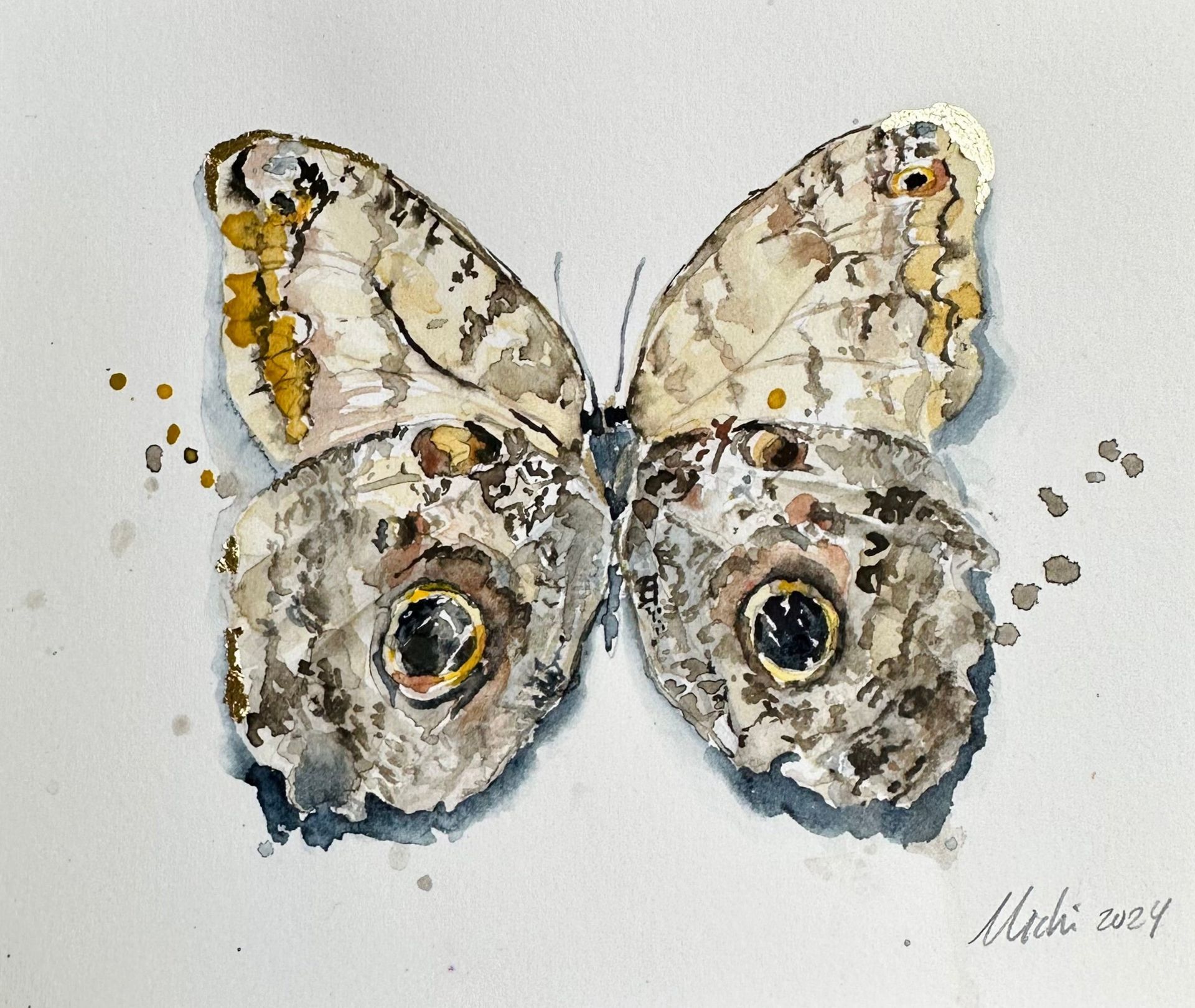Watercolor painting of a butterfly with large, dark eye-like spots on the wings, tan and brown patterns, on a white background.