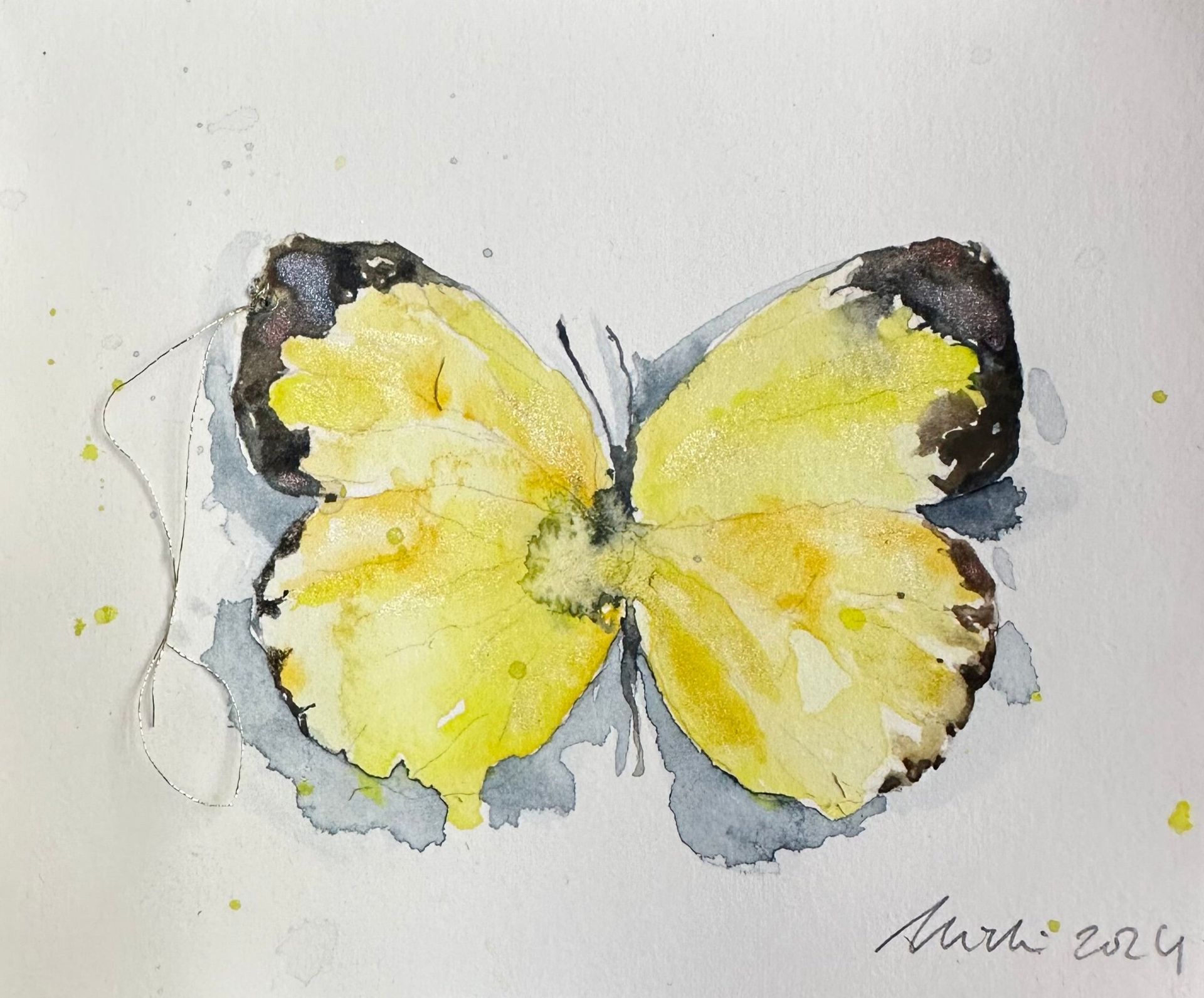 Watercolor painting of a swamp scene. Trees and reflections on the water. Green and gray colors.