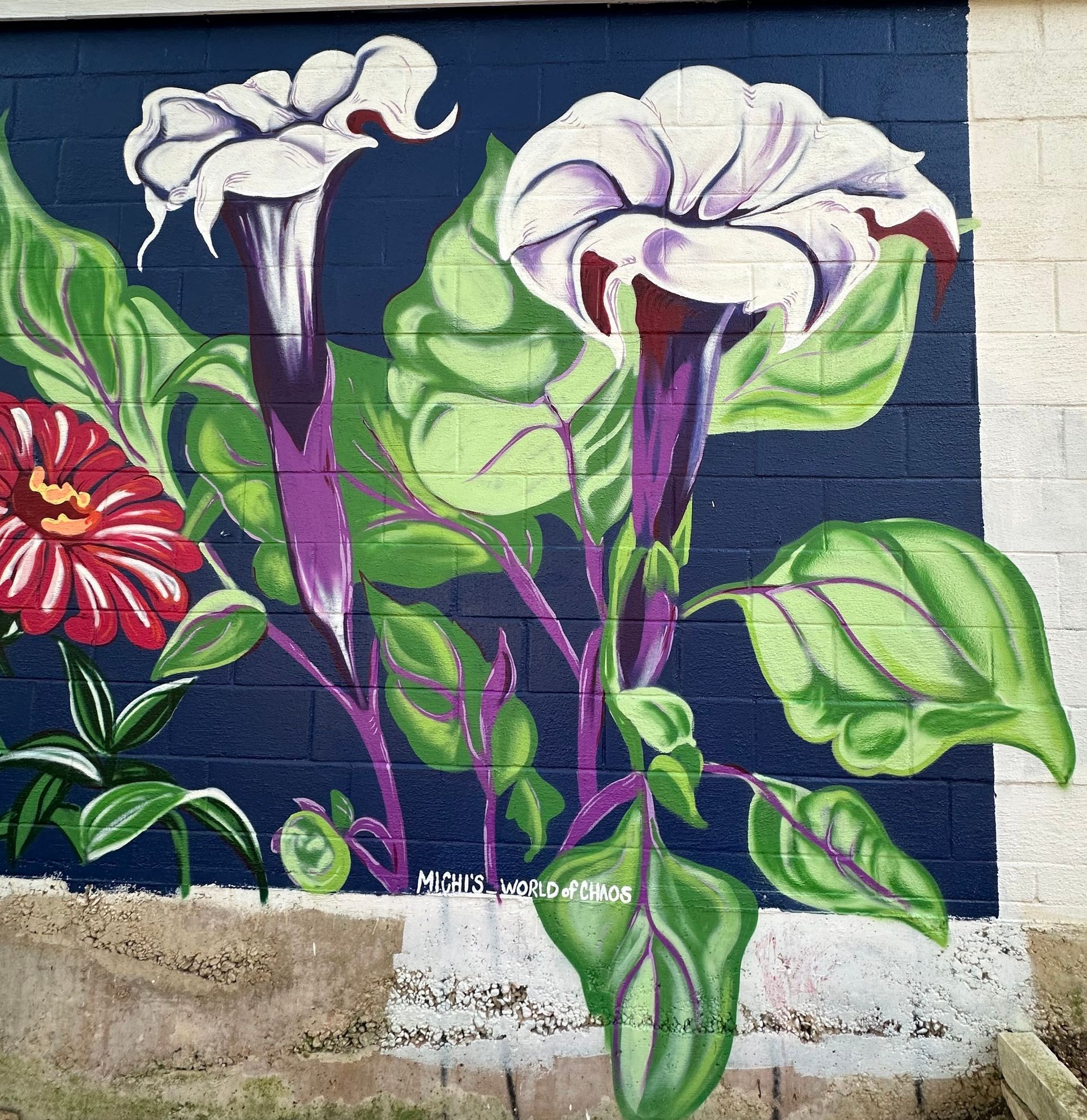 Mural of large, white trumpet flowers, green leaves, purple stems against a dark blue background on a brick wall.