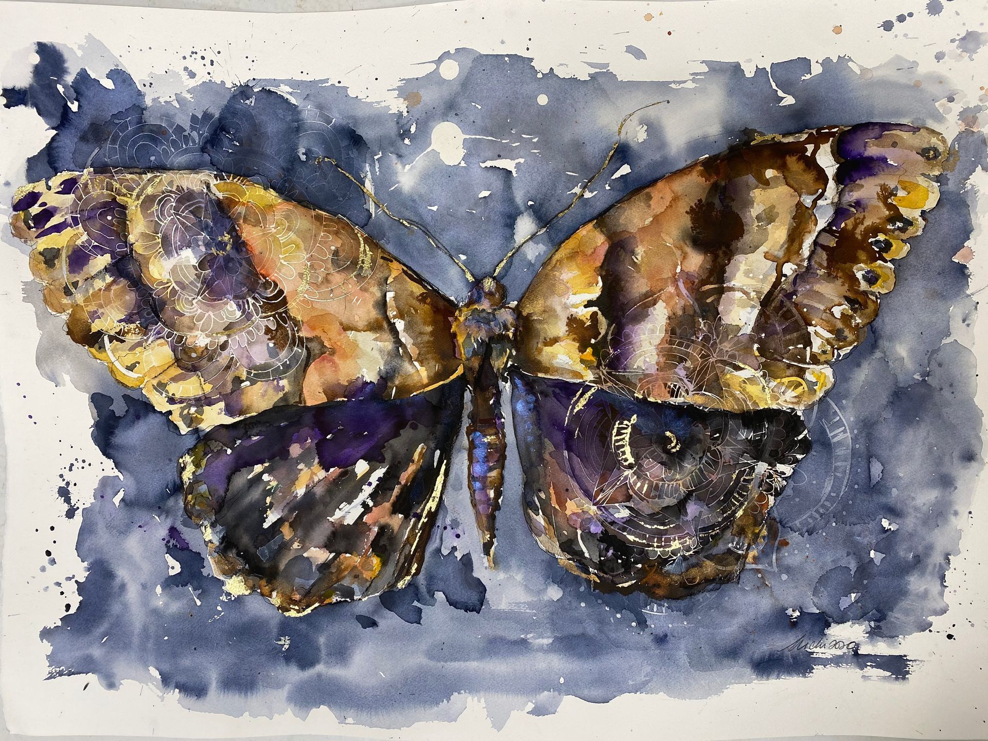 Watercolor painting of a butterfly with brown, purple, and yellow wings on a blue background.