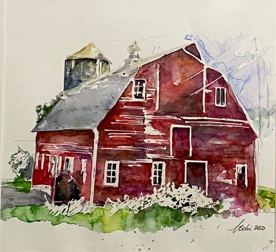 Watercolor painting of a swamp scene. Trees and reflections on the water. Green and gray colors.