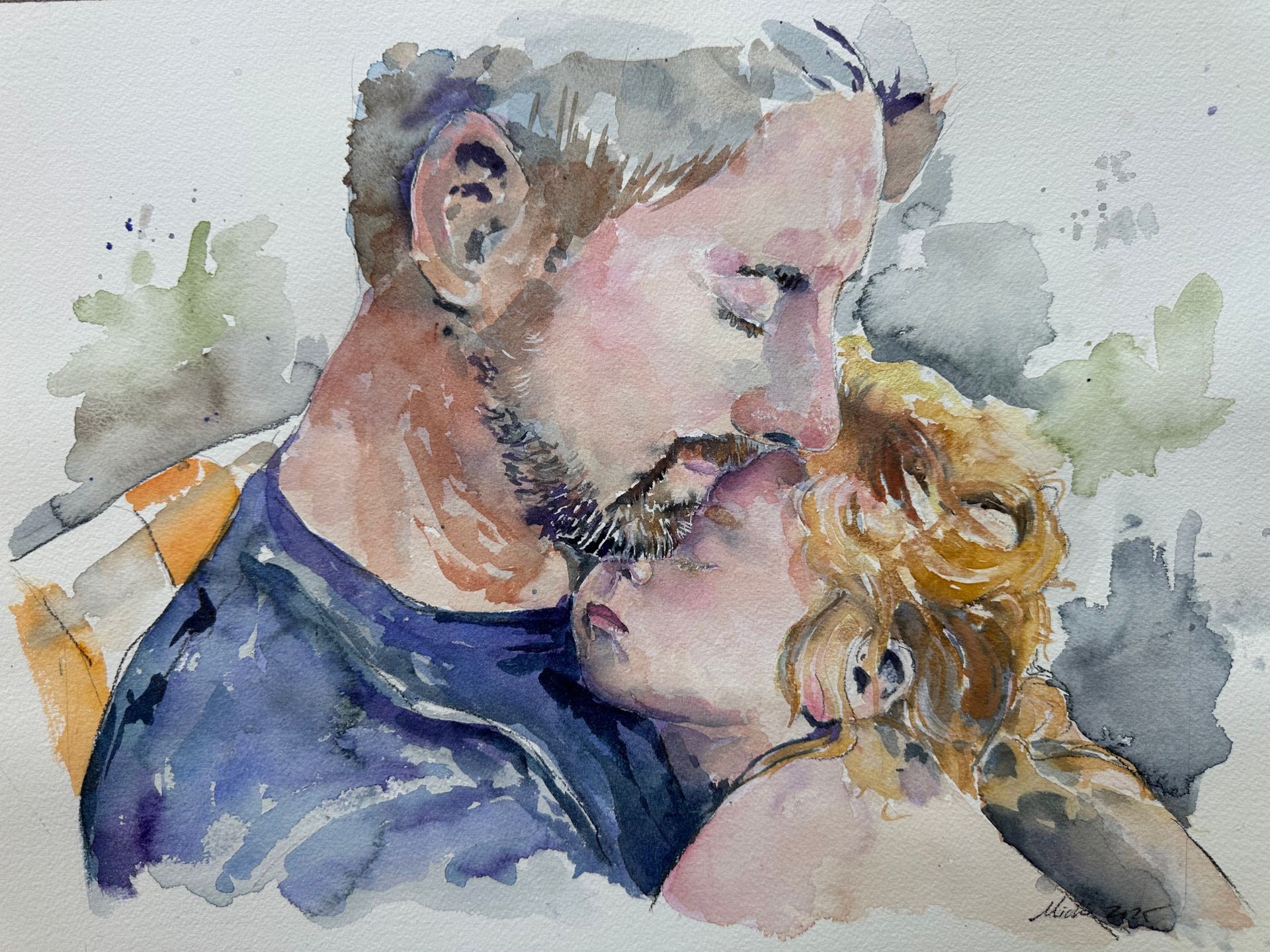 Watercolor painting of a butterfly with blue, green, orange, and black wings; perched on a white surface.