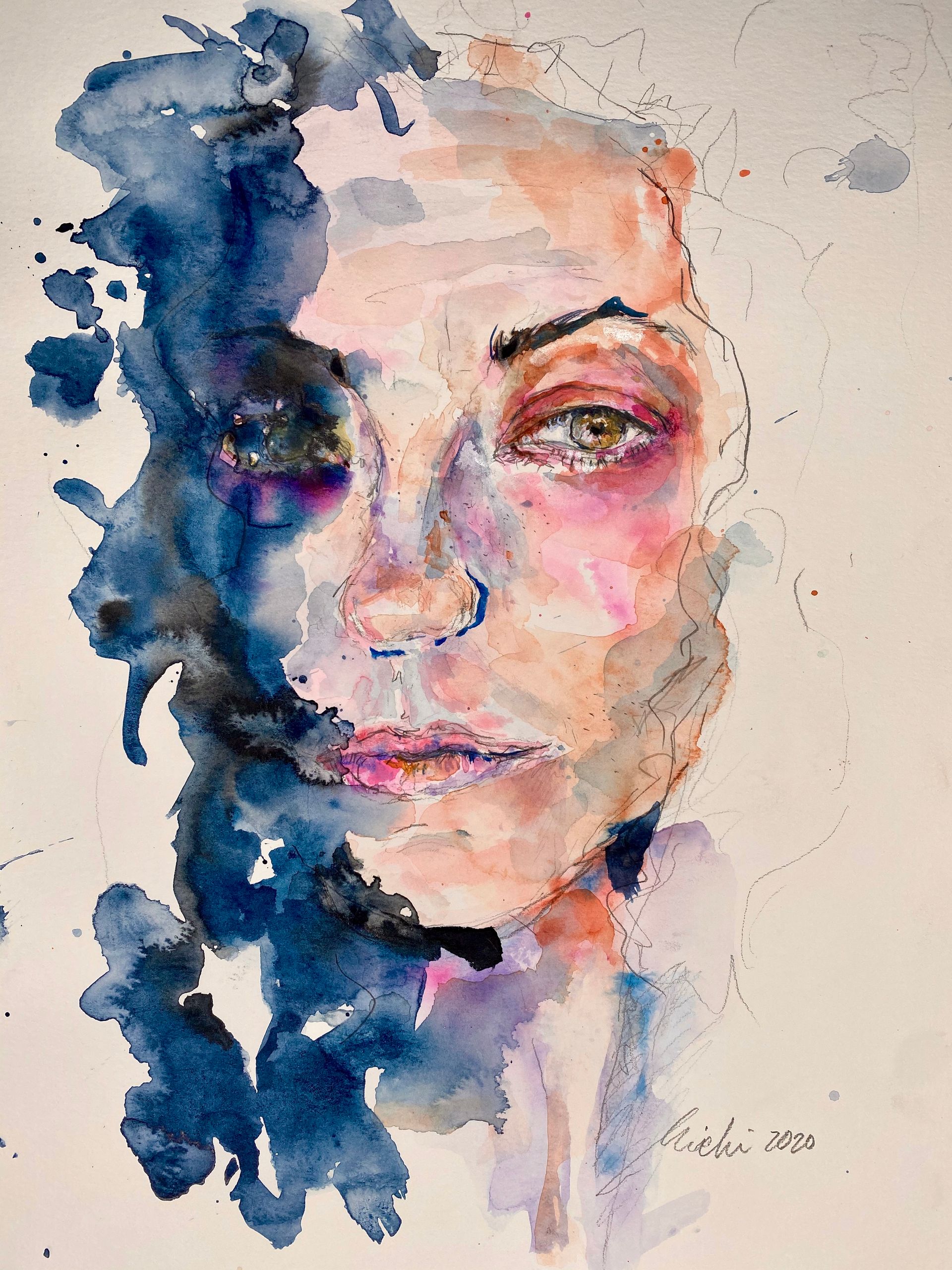 Watercolor painting of a swamp scene. Trees and reflections on the water. Green and gray colors.