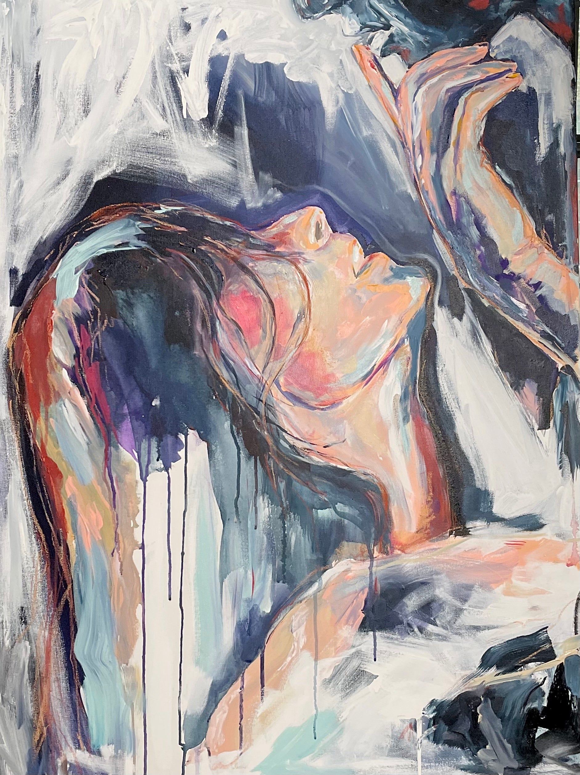 Abstract painting of an iceberg; white, blue, purple, and yellow colors. Reflection in the water.