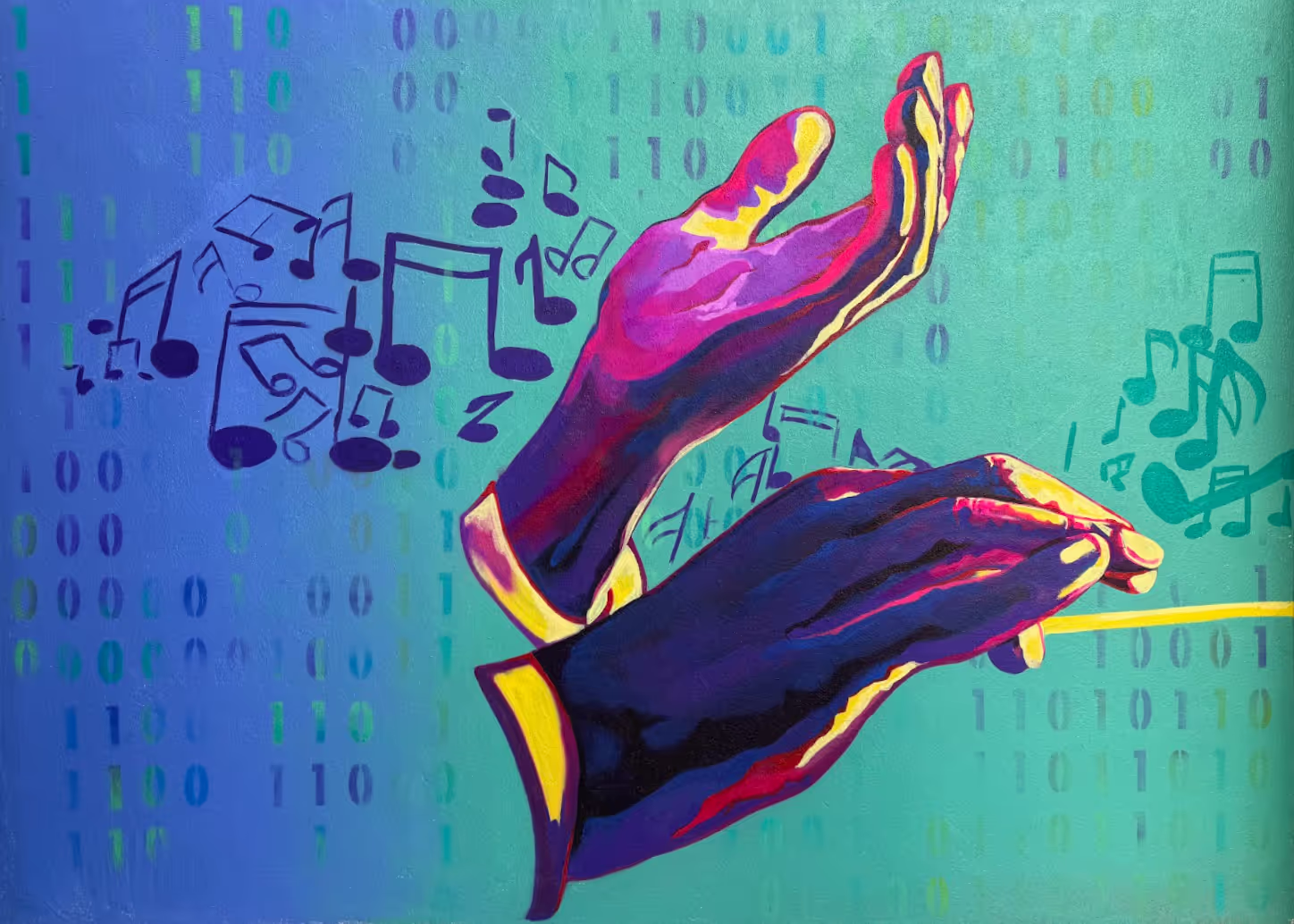 Hands conducting music, with musical notes and binary code against a blue background.