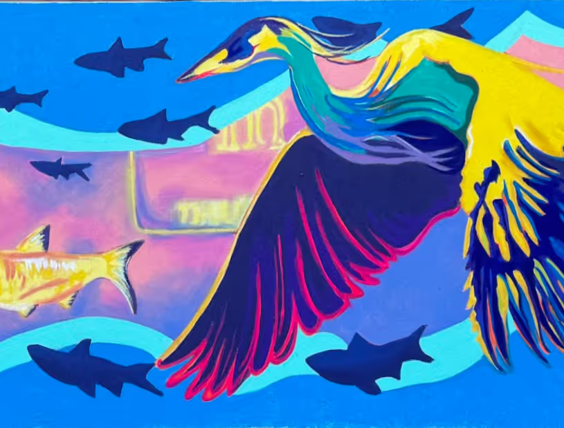 A vibrant blue heron flying over blue water, surrounded by dark silhouettes of sharks.