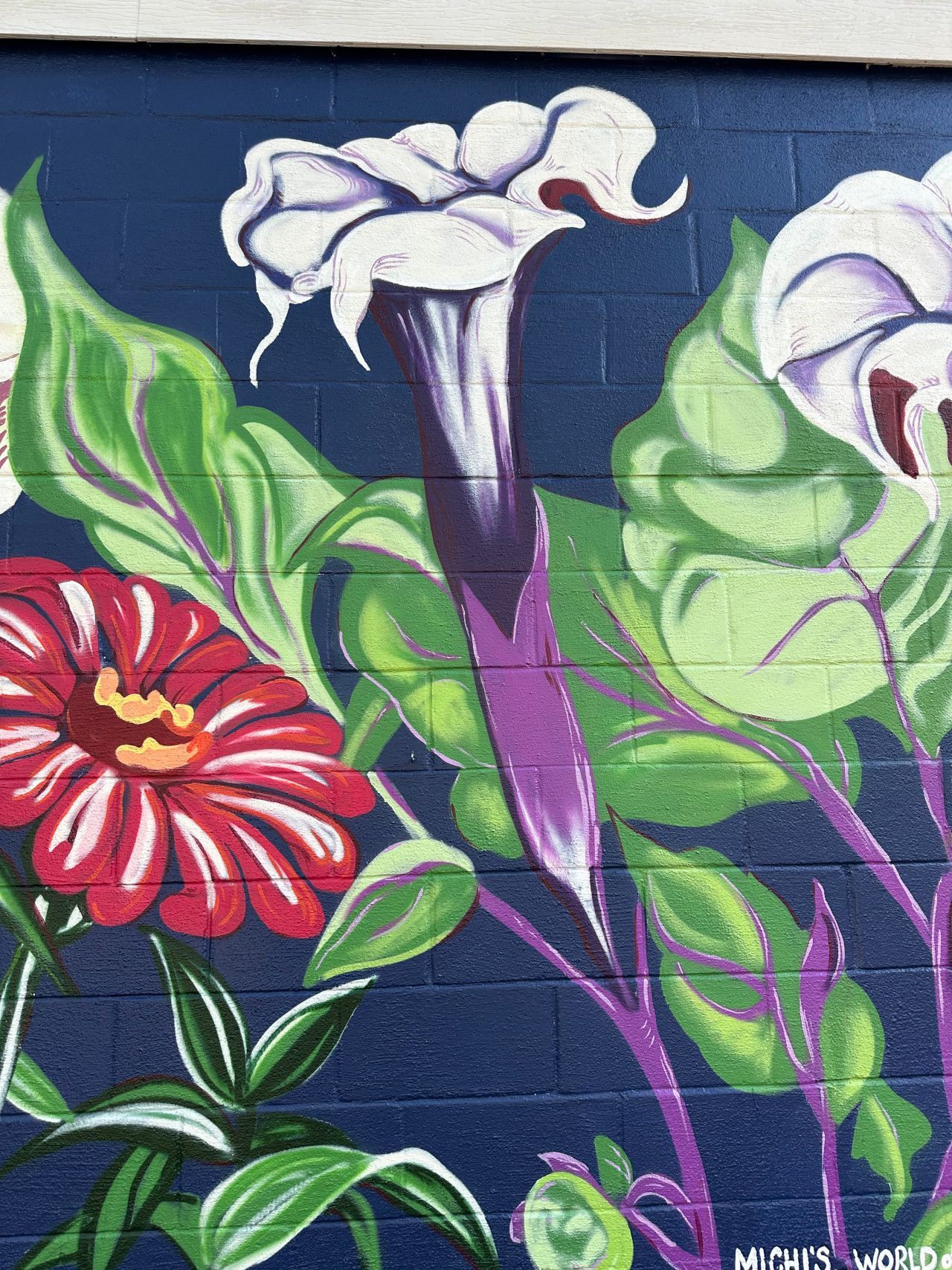 Mural of red and white flowers with a large white trumpet flower, green leaves on dark blue wall.