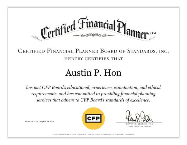 A certified financial planner certificate for austin p. hon