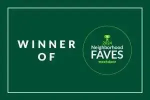 A green background with the words winner of neighborhood faves written on it.