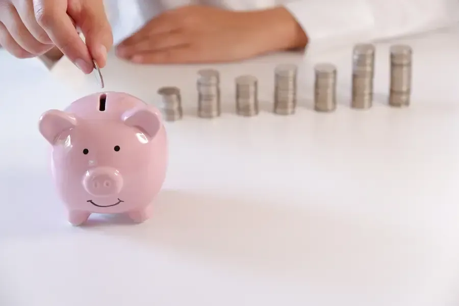 A person is putting a coin into a piggy bank.