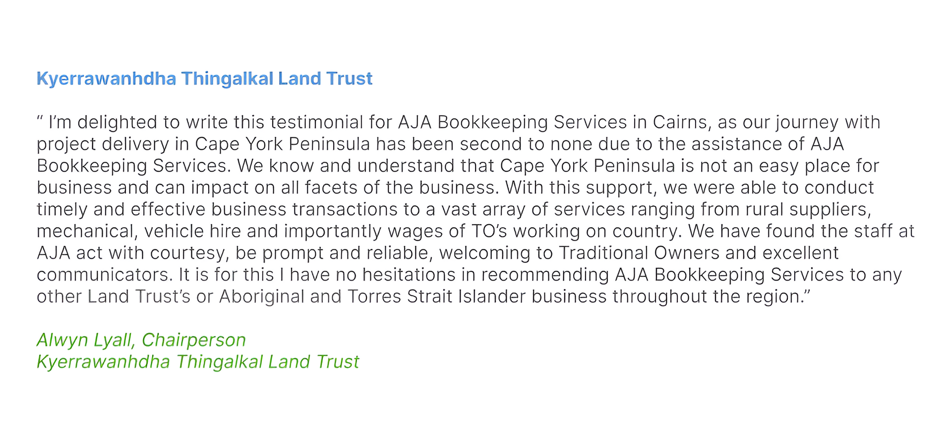 Kyerrawanhdha Thingalkal Land Trust — AJA Bookkeeping Services In Cairns, QLD