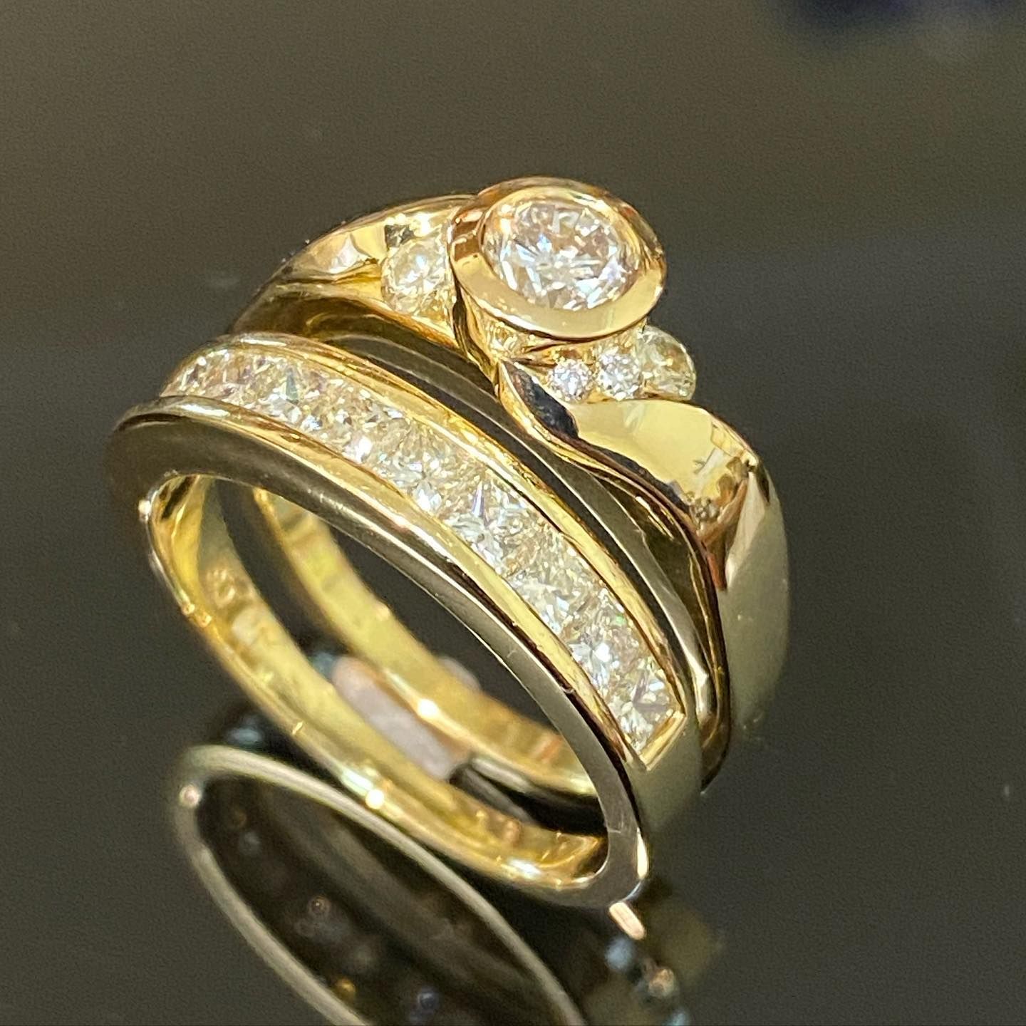 Gold ring set with diamonds; engagement ring and wedding band stacked together. — Burchell's Jewellers In Bowral, NSW