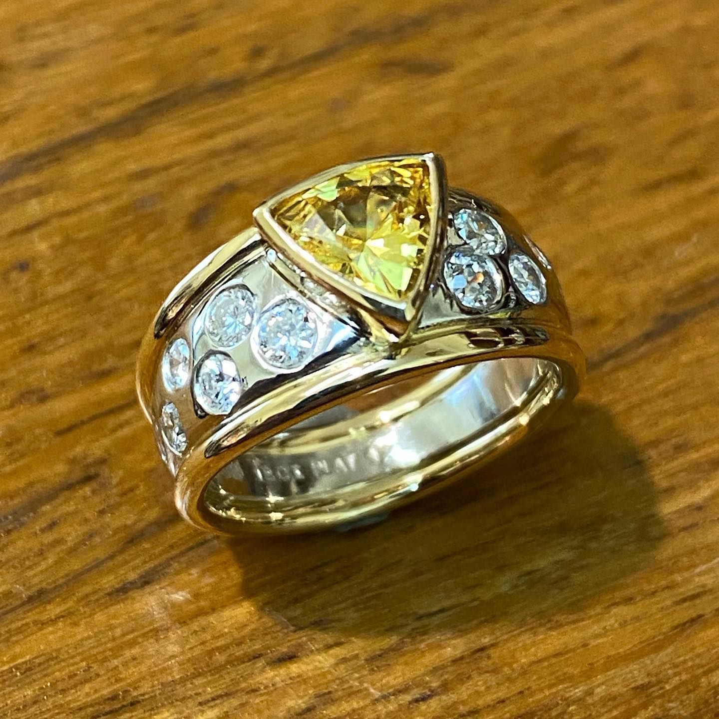 Yellow and White Gold Ring With a Triangular Yellow Gemstone — Burchell's Jewellers In Bowral, NSW