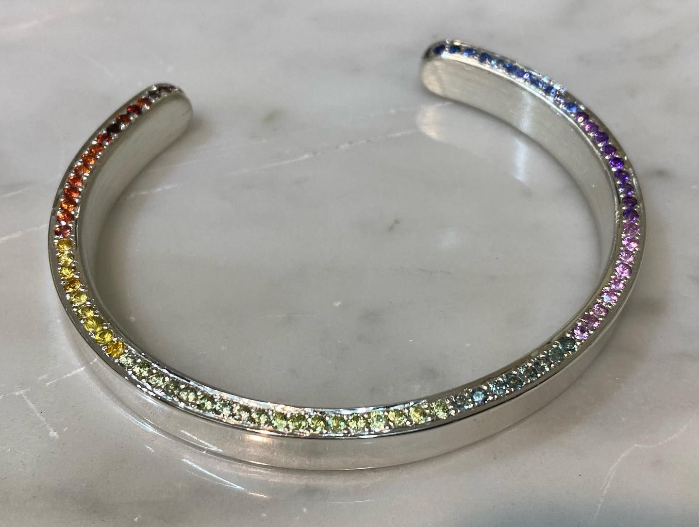 Silver Cuff Bracelet With Rainbow-coloured Gemstones — Burchell's Jewellers In Bowral, NSW