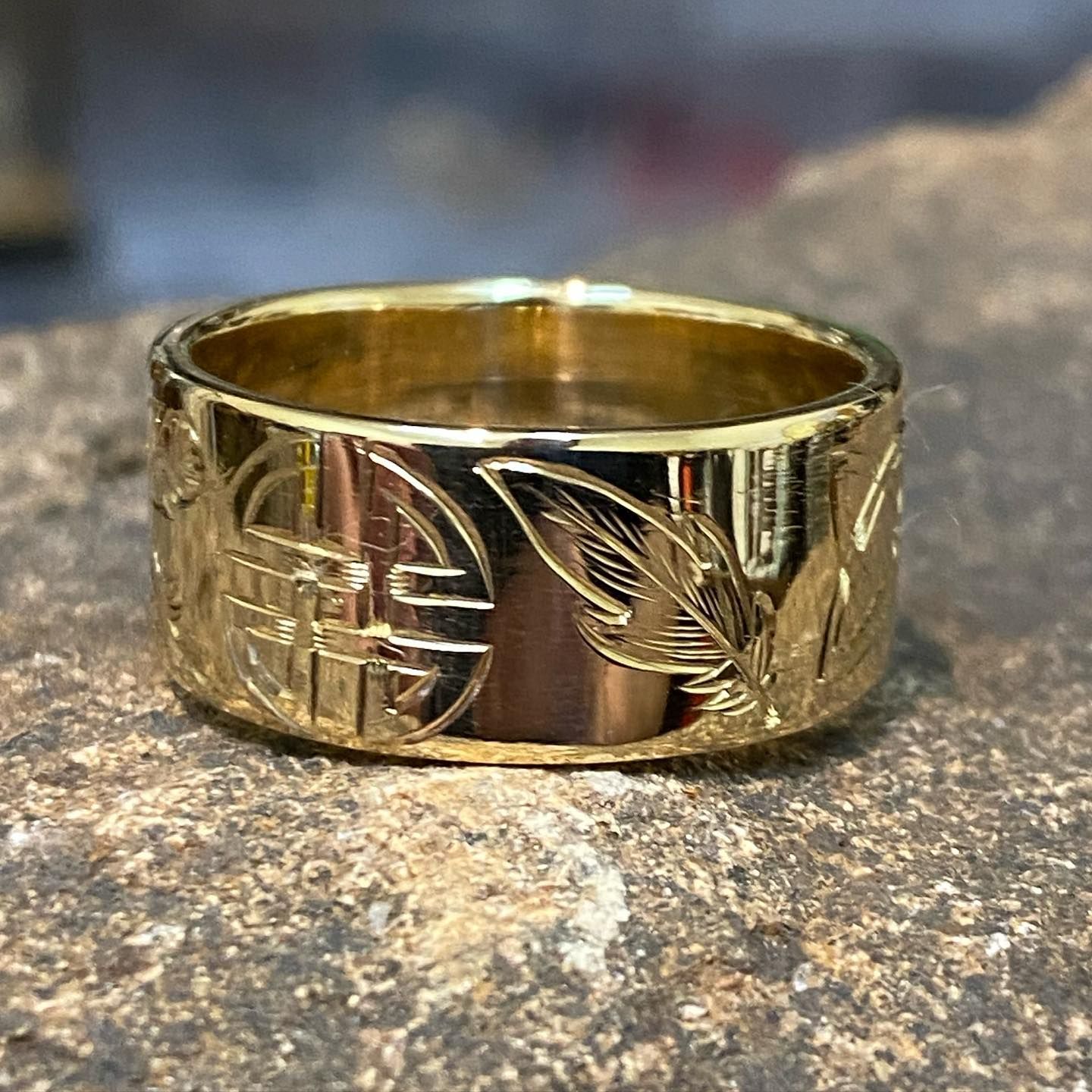 Gold Ring With Etched Symbols And Leaf Design — Burchell's Jewellers In Bowral, NSW