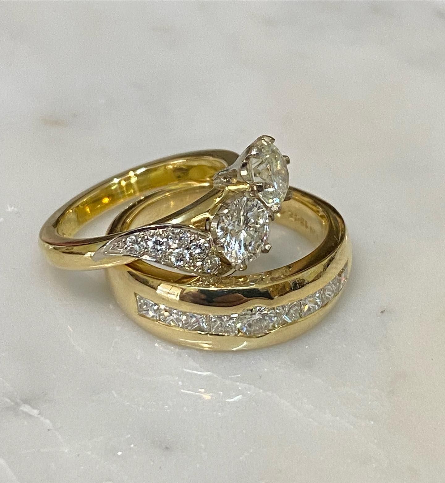 Two gold rings: one with diamonds and a second with square stones. — Burchell's Jewellers In Canberra, NSW