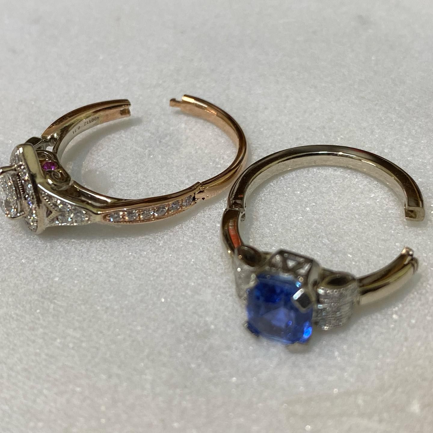 Two Broken Rings With Gemstones, One With a Blue Stone — Burchell's Jewellers In Bowral, NSW