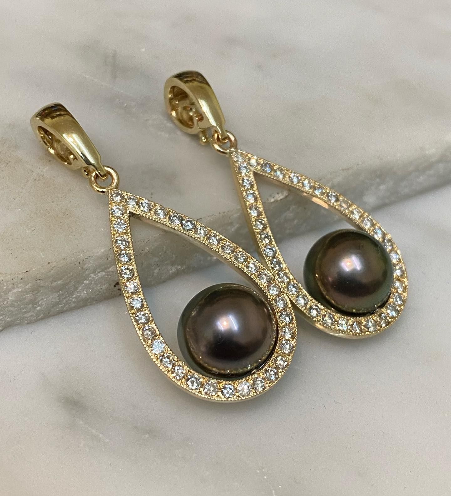 Gold Teardrop Earrings With Brown Pearls, Outlined With Clear Crystals — Burchell's Jewellers In Bowral, NSW