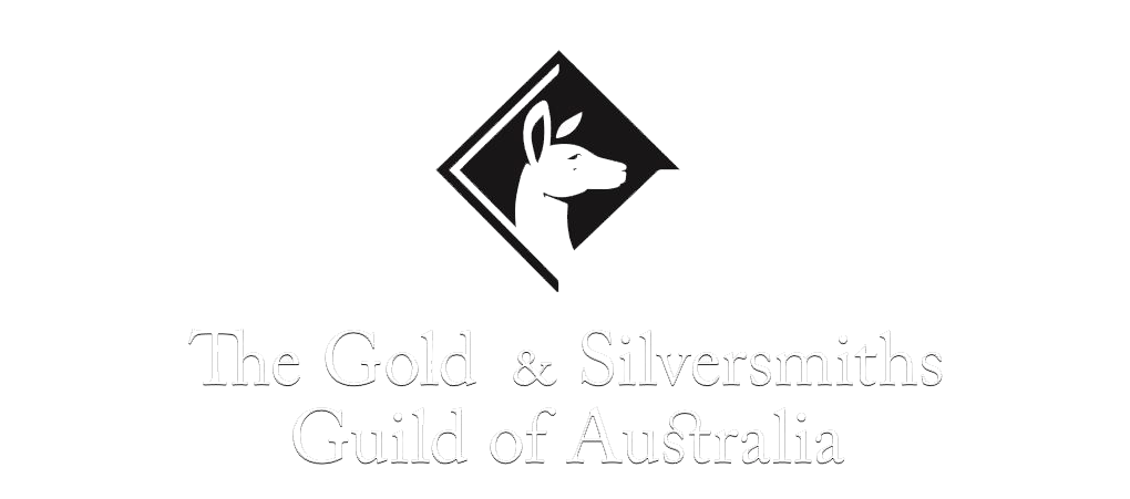 Logo for The Gold & Silversmiths Guild of Australia, featuring a white kangaroo silhouette inside a black diamond shape.