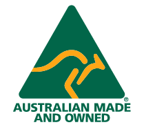 Australian Made and Owned logo: a yellow kangaroo silhouette inside a green triangle with text below.