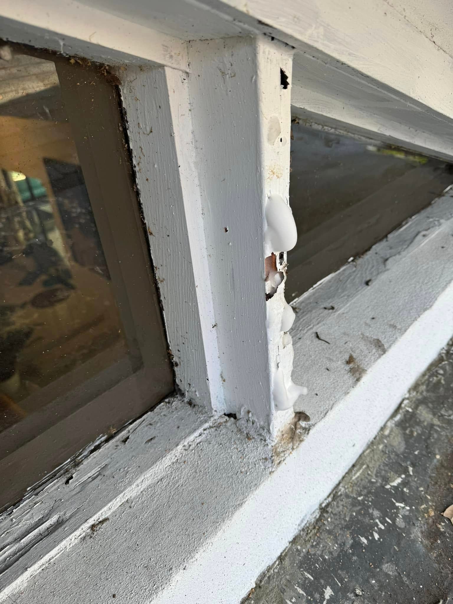 Peeling white paint on a wooden window frame exterior with visible signs of surface damage and wood weathering.