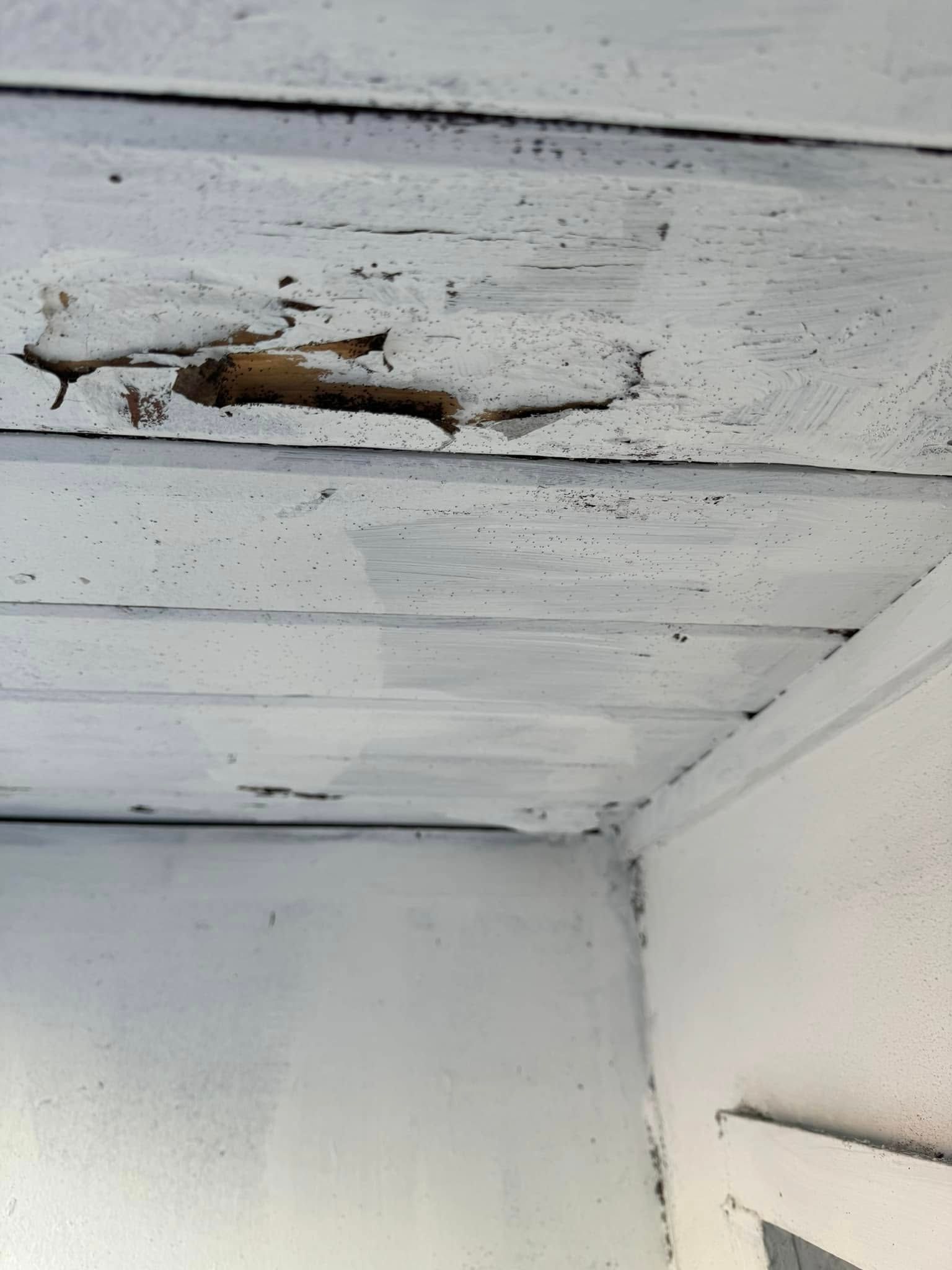 A corner of a white-painted ceiling showing damaged wood with a visible hole and cracked, peeling paint.